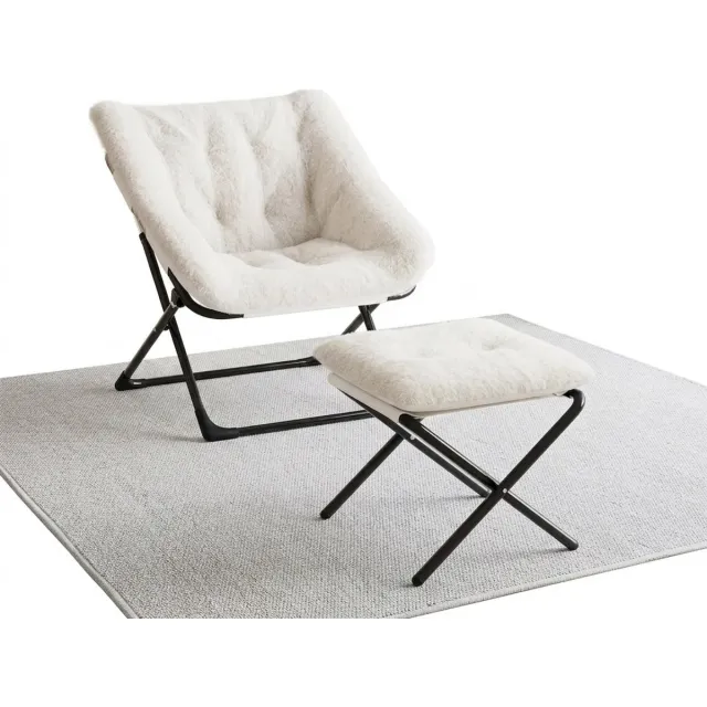 Archi Fauteuil met Voetenbank – Opvouwbare Teddy Loungestoel – Imitatiebont – Voor Woonkamer, Slaapkamer en Studentenkamer – Crèmewit Creme/Wit