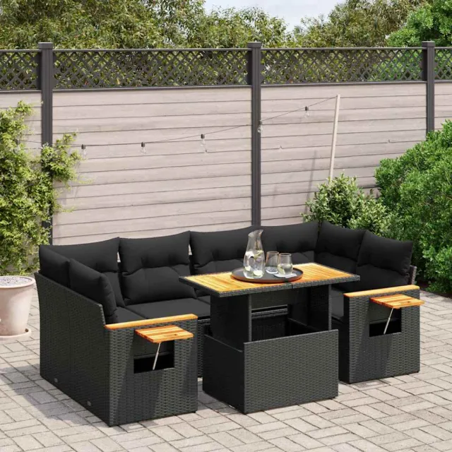 vidaXL 7-delige Loungeset met kussens poly rattan zwart, foto 2