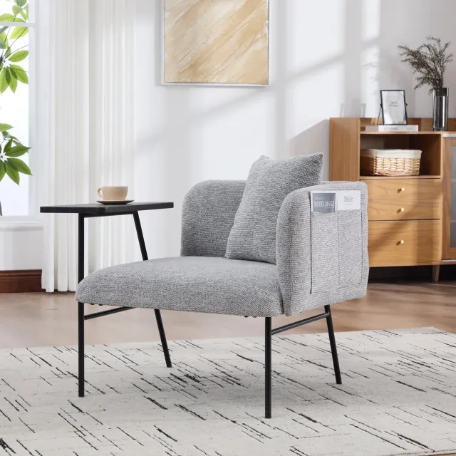 MEUNIQ fauteuil met armleuningen, bijzettafel en 2 opbergvakken – chenille stof, 86 x 72 x 71 cm, zithoogte 40 cm, grijs voor woonkamer of werkkamer