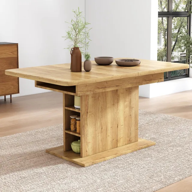 MEUNIQ Uitschuifbare eettafel 130 x 75 x 75 cm, rechthoekig, met opbergruimte, modern en naturel voor eetkamer en dagelijks gebruik Natural