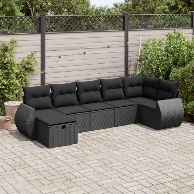 vidaXL 7-delige Loungeset met kussens poly rattan zwart, foto 2
