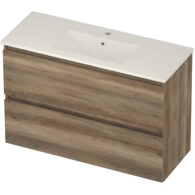 Basic-Line Score 39 Badmeubelset Porselein 1 Kraangat Greeploos 100x39x62 cm Scotch Oak Glans Wit
