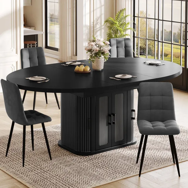 Wishdor Uitschuifbare eettafel - Voor 2 tot 6 personen - Verborgen opbergruimte met roldeuren - Verstelbare legplanken - Voor keuken woonkamer en balkon - MDF en metaal - Zwart - 118-158 x 118 x 76 cm
