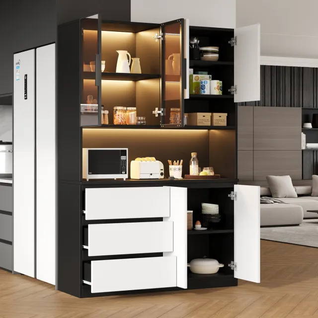 WUVRIE Keukenkast 120,5 x 40 x 180 cm - 3 lades, 6 deuren en verstelbare LED-verlichting - Zwart/wit Wit en zwart