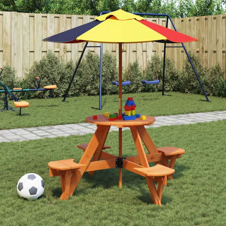 vidaXL Picknicktafel voor 4 kinderen met parasolgat rond vurenhout bruin, foto 3