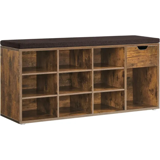 FurnStar Schoenenbank – Schoenenrek met Lade & Open Vakken – Zitbank met Gevoerde Zitting – 30 x 104 x 48 cm – Voor Hal, Slaapkamer & Entree – Vintage Bruin