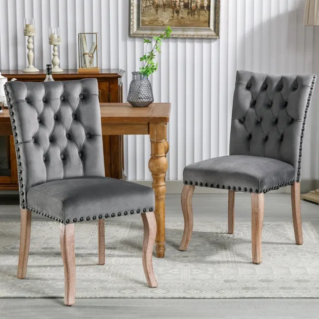 Welltin Eetkamerstoelen in Set van 2 - Gestoffeerde stoel, massief houten stoelpoten, Eetkamerstoel Flueel, Eetkamerstoel, Met treklipjes en verstelbare voetjes, Draagvermogen 150KG - Grijs