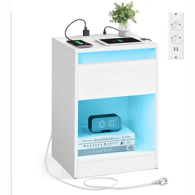 Vasagle Nachtkastje - Met Instelbare LED-Verlichting - Stopcontacten en USB-poorten - Met Lade Wolkenwit