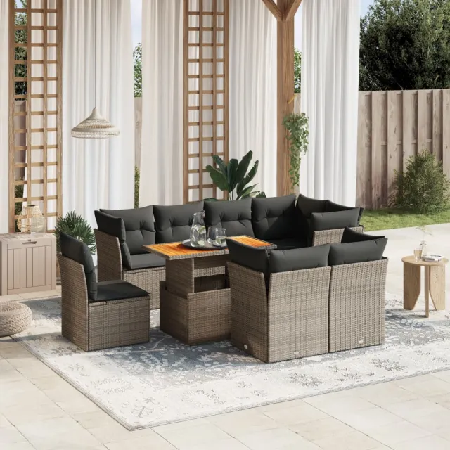 vidaXL 9-delige Loungeset met kussens poly rattan grijs, foto 2