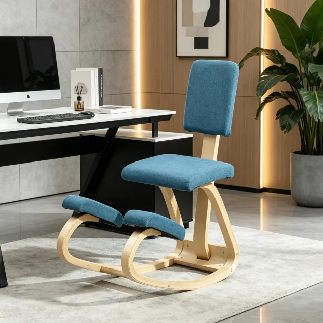 CHICFURN Bureaustoel - Kniestoel met rugleuning - Houten frame - Donkerblauw