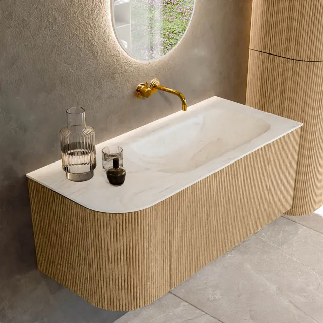 Mondiaz KURVE-DLUX 105 cm Onderkast Greeploos 1 Lade Met Deuren Oak, Wastafel Solid Surface Rechts Ostra 0 Kraangaten Zonder Spiegel (KRVBGS105L1L1D0KR-Oak/Ost)