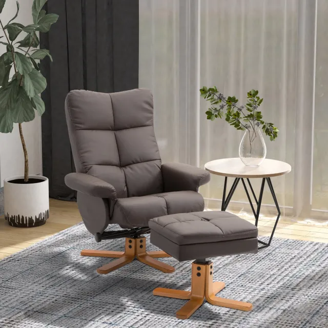 OKWISH Relaxfauteuil 80 x 86 x 99 cm - Verstelbare Rugleuning en Hocker met Opbergruimte - Woonkamer - Kunstleer en Hout - Bruin Grijs