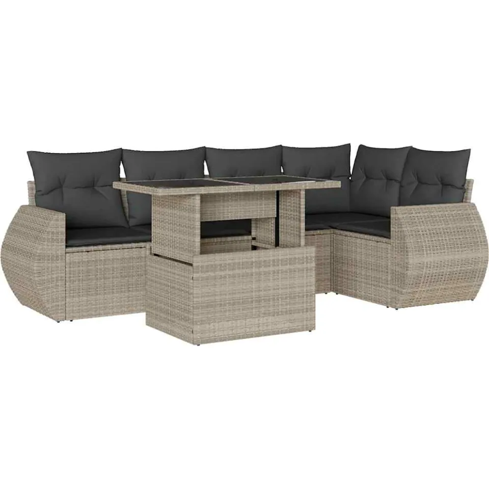 vidaXL 6-delige Loungeset met kussens poly rattan lichtgrijs grijs, foto 3