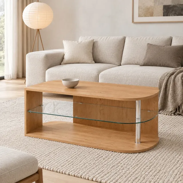 CHICFURN Salontafel 100 cm - Met opbergruimte - Glazen tussenplank - Naturel houtkleur