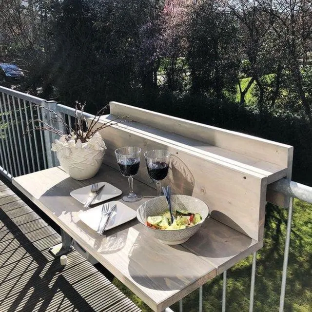GoudmetHout Balkontafel Hangend XL - 99 cm Hout - Balkonbar - Hangtafel Buiten - Relingdikte vanaf 9 t/m 14 cm - Bijzettafel Balkon & Tuin tafeltje - Balcony Table - Grey Wash Grey wash (zelf beitsen)