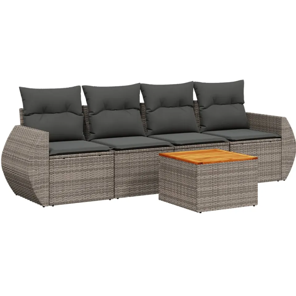 vidaXL 5-delige Loungeset met kussens poly rattan grijs, foto 3