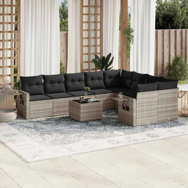 vidaXL 10-delige Loungeset met kussens poly rattan lichtgrijs grijs, foto 2