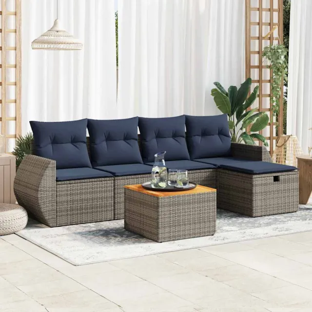 vidaXL 6-delige Loungeset met kussens poly rattan grijs, foto 2