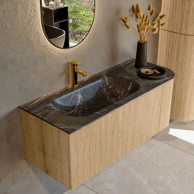 Mondiaz KURVE-DLUX 115 cm Onderkast Greeploos 1 Lade Met Deuren Oak, Wastafel Solid Surface Links Lava 1 Kraangat Zonder Spiegel (KRVBGS115R1L1D1KL-Oak/Lav)