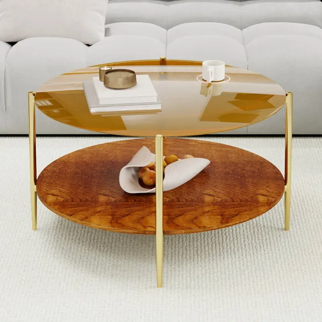 HAUSS SPOLE Salontafel - Rond Gouden Glazen Tafelblad - Dubbele Laag Met Houten Onderblad - Metalen Frame - Modern - 82 x 45 Cm
