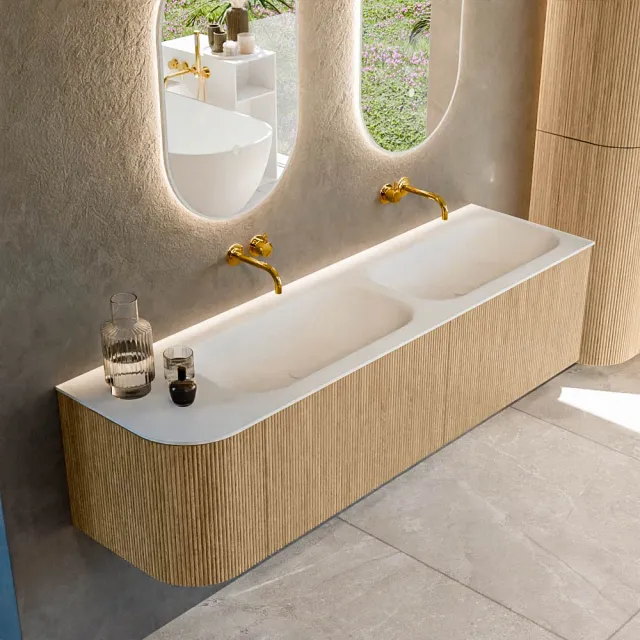 Mondiaz KURVE 165 cm Onderkast Greeploos 2 Lades Met Deuren Oak, Wastafel Solid Surface Rechts Talc 0 Kraangaten Zonder Spiegel (KRVBGS165L2L1D0KD-Oak/Tal)
