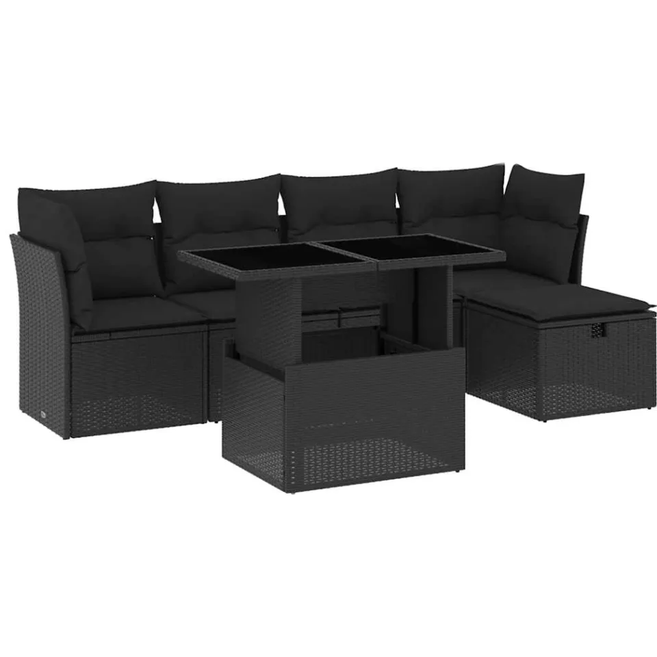 vidaXL 6-delige Loungeset met kussens poly rattan zwart