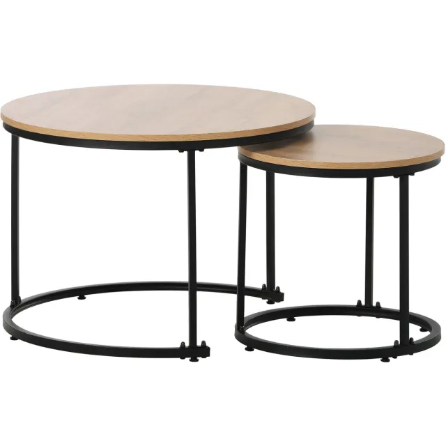 MODFU Eiken ronde salontafel set 2-delig — nesttafels, 2 ronde bijzettafels voor woonkamer