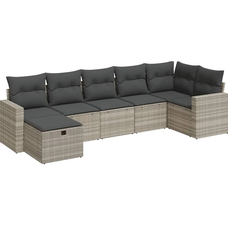 vidaXL 7-delige Loungeset met kussens poly rattan lichtgrijs grijs, foto 3