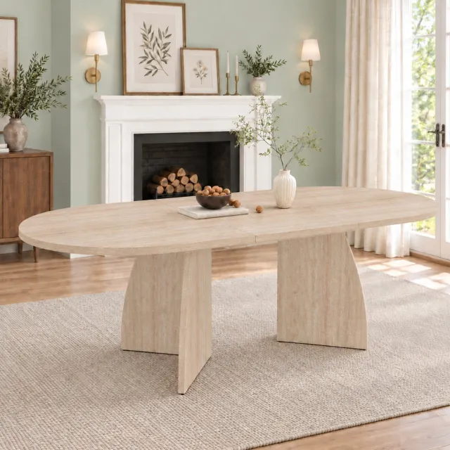 MIVRAY Eettafel - Uitschuifbaar Voor 4 Tot 8 Personen - Afgeronde Hoeken Voor Eetkamer - MDF Travertijnlook - 150 Tot 200 X 90 X 75 Cm