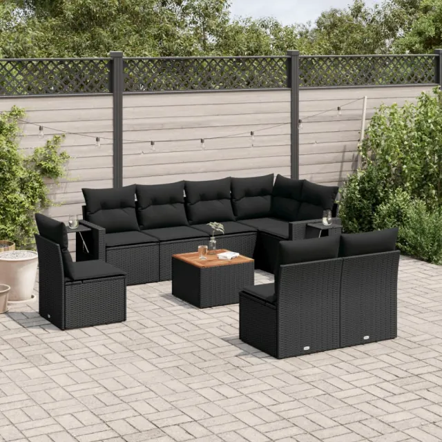 vidaXL 9-delige Loungeset met kussens poly rattan zwart, foto 2
