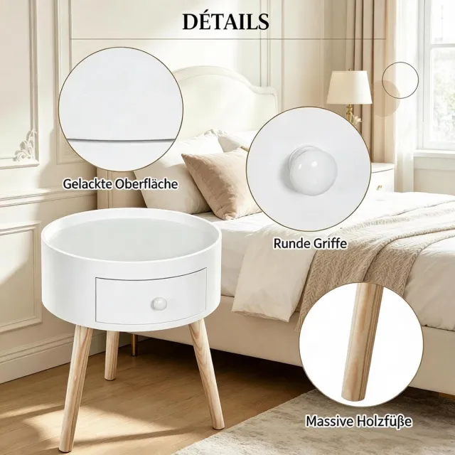 DESMIU Bedtafel Rond Met Lade En Opstaande Rand Voor Slaapkamer En Logeerkamer MDF En Hout Wit Houtlook 38x38x45 Cm Wit, hout