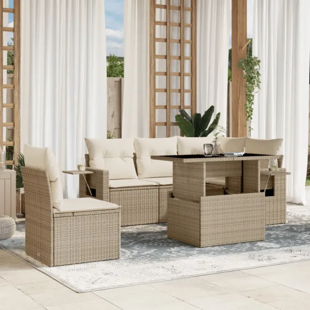 vidaXL 6-delige Loungeset met kussens poly rattan beige, foto 2