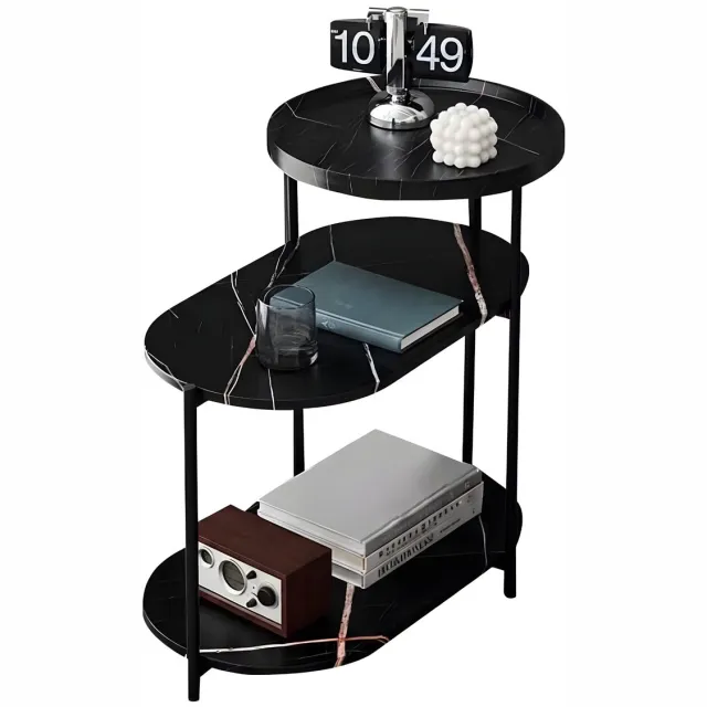 Happiq Nachtkastje - Voor Slaapkamer & Woonkamer - 3-laags Modern Bijzettafeltje met Marmerlook en Opbergplank - Eenvoudige Montage - Zwart Black