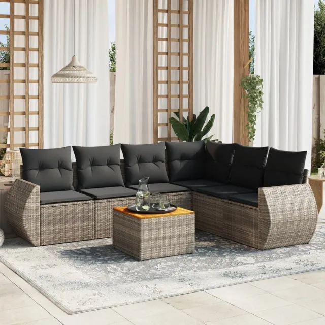 vidaXL 7-delige Loungeset met kussens poly rattan grijs, foto 2