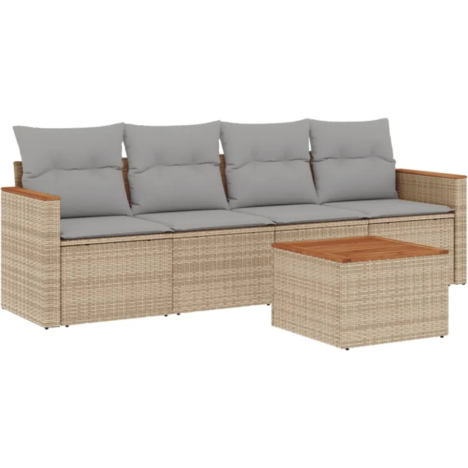 vidaXL 5-delige Loungeset met kussens poly rattan beige, foto 3