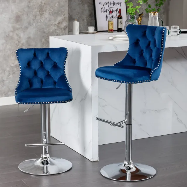 Clruro Barkrukken - Set van 2 - In Hoogte Verstelbaar - Draaibaar met Chrome Voet - Fluweel - Blauw