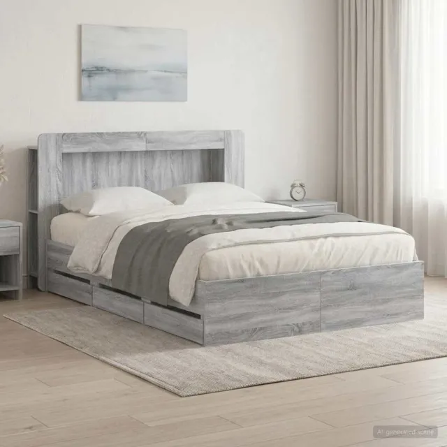 vidaXL Bedframe met opbergruimte en hoofdbord met lade Grijs Sonoma