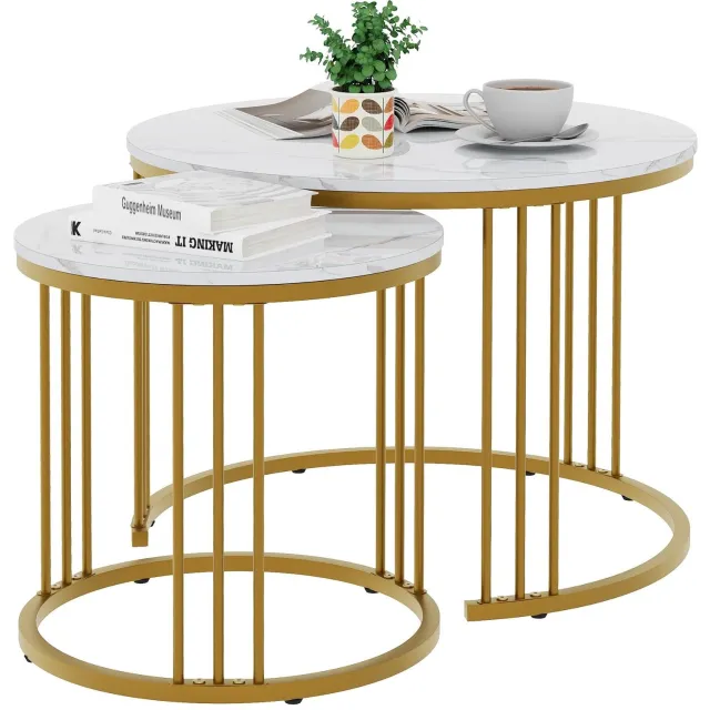Duraxl Nesttafel set - 2 stuks - Wit marmeren - Rond