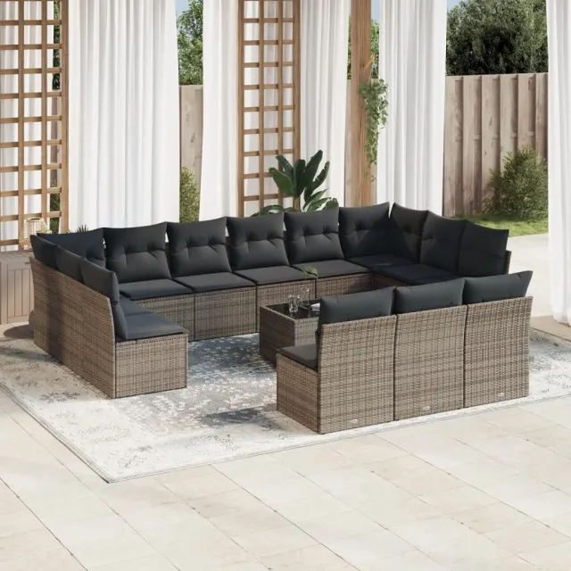 vidaXL 14-delige Loungeset met kussens poly rattan grijs, foto 2