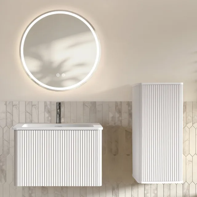 STILVORA Badkamerkast Set - Wandhangend Met Wastafel En Led Spiegel - Met Zijkast Voor Kleine Badkamer - Hout Glas - 60 Cm - Wit