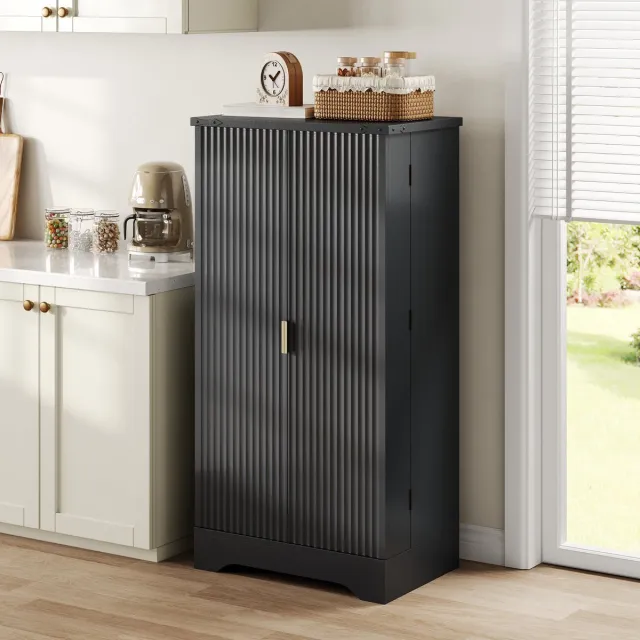 HAUSS SPOLE Keukenkast - Hoge Kast Met Sensorverlichting En Kruidenrek - Met Verstelbare Planken - MDF - Zwart - 120x60,5x40 Cm