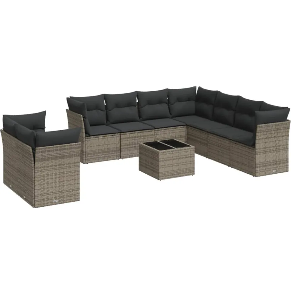 vidaXL 10-delige Loungeset met kussens poly rattan grijs