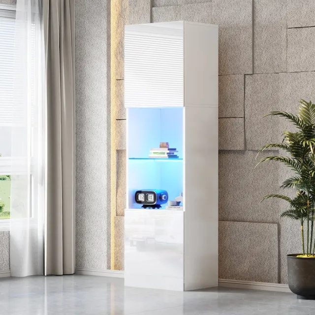 Wishdor Vitrinekast - Hoogglans - Met Ledverlichting - Met Glazen Legplank - Spaanplaat - Wit - 45 x 35 x 160 cm