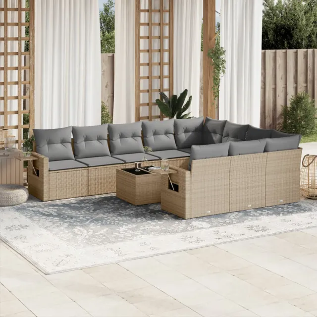 vidaXL 11-delige Tuinset met kussens poly rattan beige, foto 2
