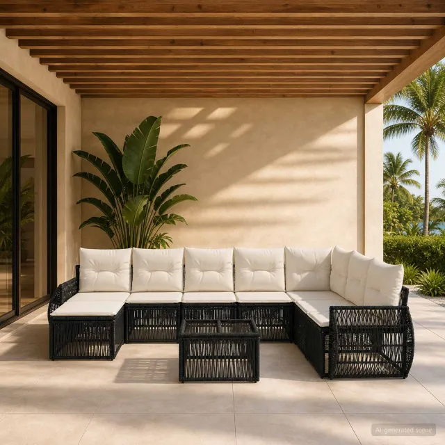 vidaXL Tuinbankenset 9 st Zwart en Cream Wit poly rattan, foto 2