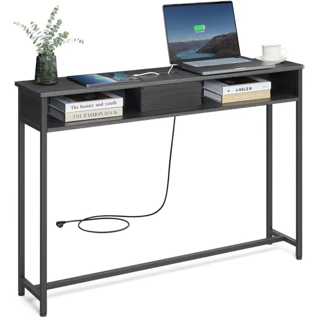 Klarven Consoletafel Antracietgrijs-Zwart - Stopcontacten Kast - Console Table - Met Ingebouwde Stopcontacten - 2 Opbergvakken, Ruimtebesparend