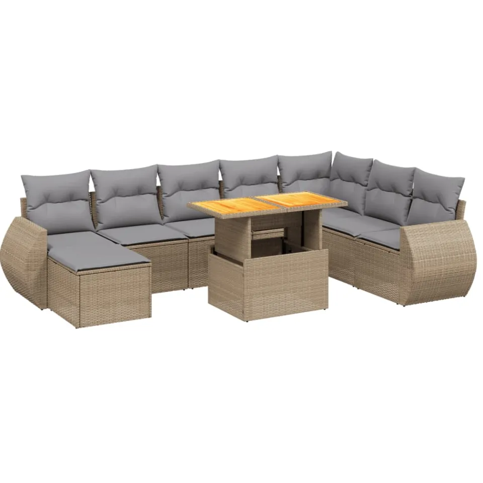 vidaXL 9-delige Loungeset met kussens poly rattan beige