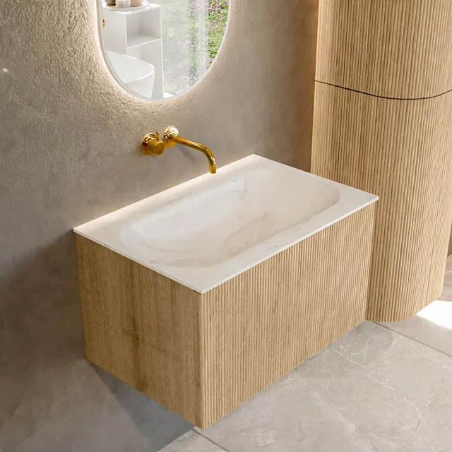 Mondiaz KURVE-DLUX 70 cm Onderkast Greeploos 1 Lade Zonder Deuren Oak, Wastafel Solid Surface Volledig Ostra 0 Kraangaten Zonder Spiegel (KRVBGS701L0D0KM-Oak/Ost)