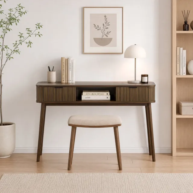 COVREO Sidetable met 2 lades – 120x35x77,6 cm – Consoletafel met open vak – Haltafel voor woonkamer en hal – Walnootlook Walnootkleur