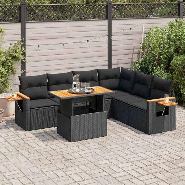 vidaXL 7-delige Loungeset met kussens poly rattan acacia zwart, foto 2